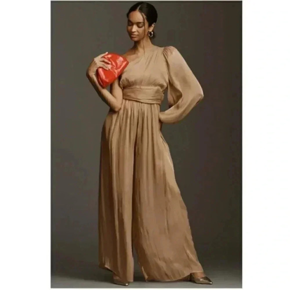 NWT By Anthropologie One Shoulder Metallic Gold Bronze Wide Leg Sheen Jumpsuit - Picture 3 of 8